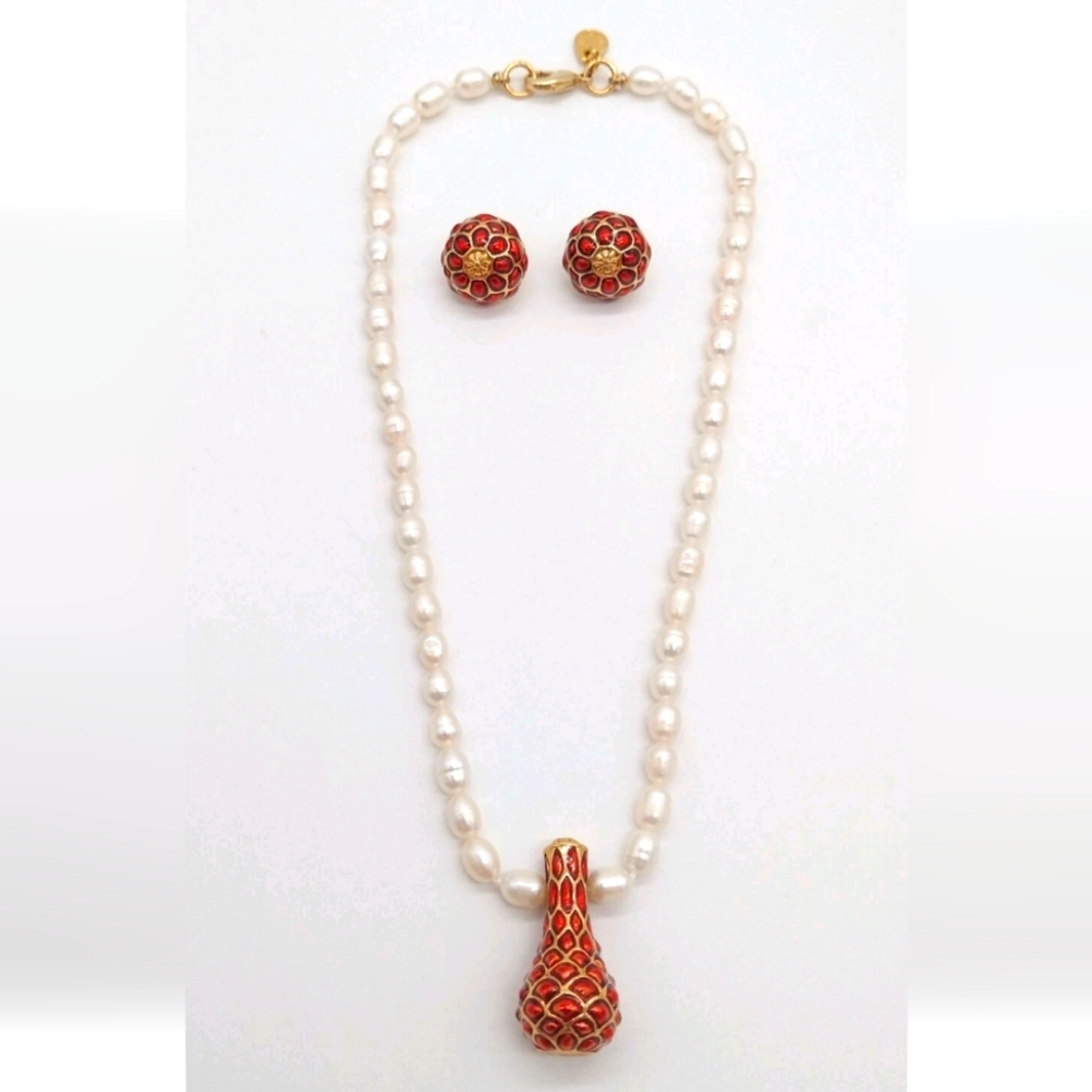 MULTILANA Genuine Pearl Necklace & Earrings Set Egyptian Red & Gold Tone EUC
